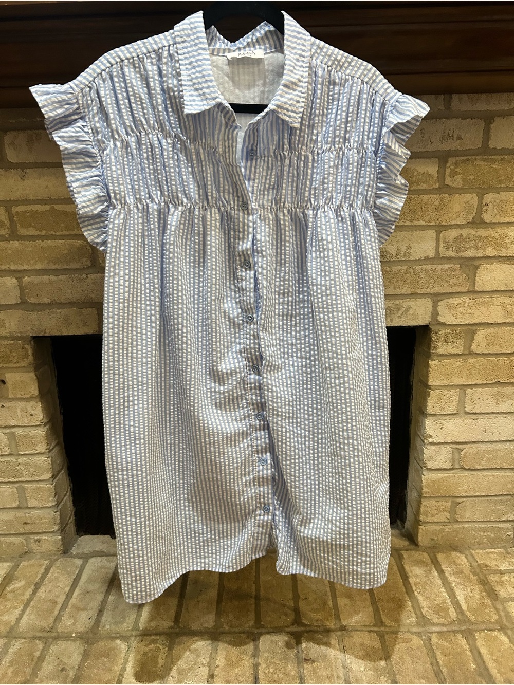 Avara Light Blue Striped Button-Front Midi Dress with Ruffle Sleeves EUC